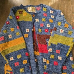 Handmade Blue Patterned Wool Cardigan Jacket